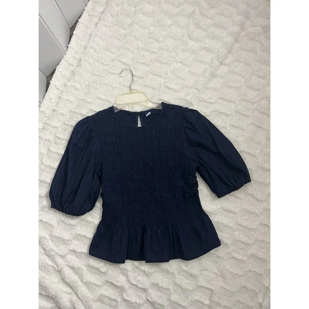 Old Navy Women’s Navy Blue Short Puff Sleeve Smocked Peplum Blouse Top Size M